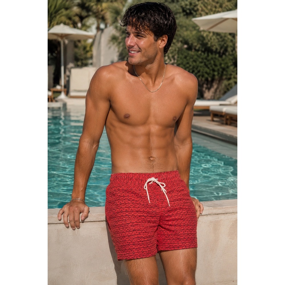 Uniqlo Swim Trunks Mens Medium Red Geometric Pattern Beachwear Summer